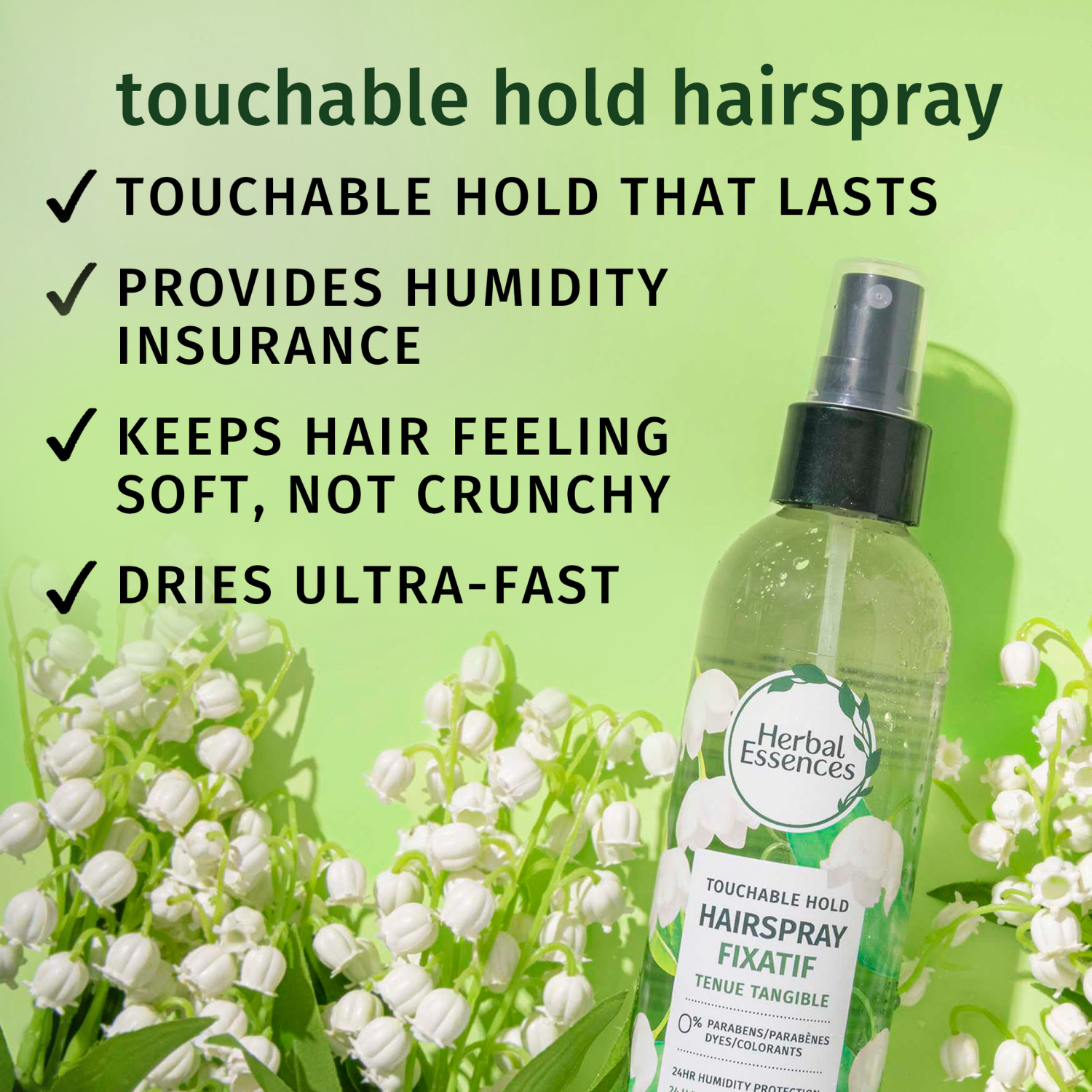 slide 6 of 8, Herbal Essences Touchable Hold Hairspray, Nonaerosol Hair Spray for All Hair Types, 24-hour Hold, Frizz Control, 8 fl oz, 8 fl oz