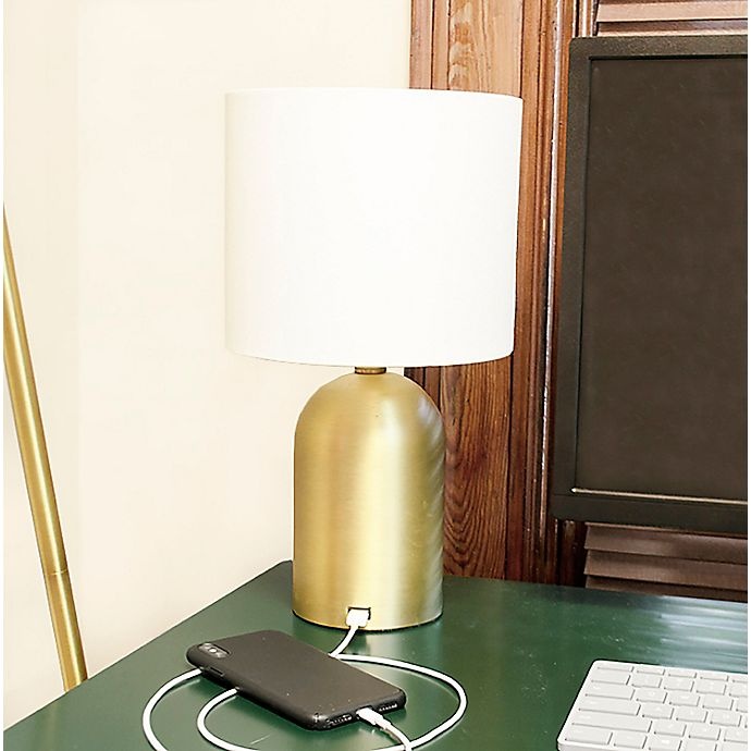 slide 2 of 4, Designs Direct Brass Table Lamp - Gold with USB and Linen Shade, 14.5 in