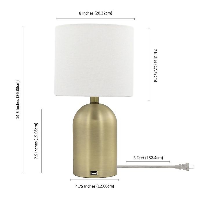 slide 3 of 4, Designs Direct Brass Table Lamp - Gold with USB and Linen Shade, 14.5 in