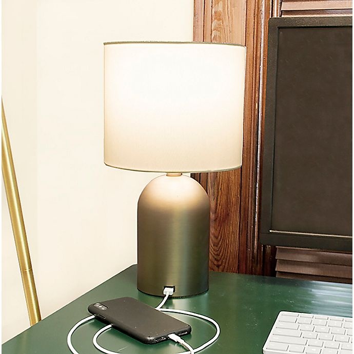 slide 4 of 4, Designs Direct Brass Table Lamp - Gold with USB and Linen Shade, 14.5 in