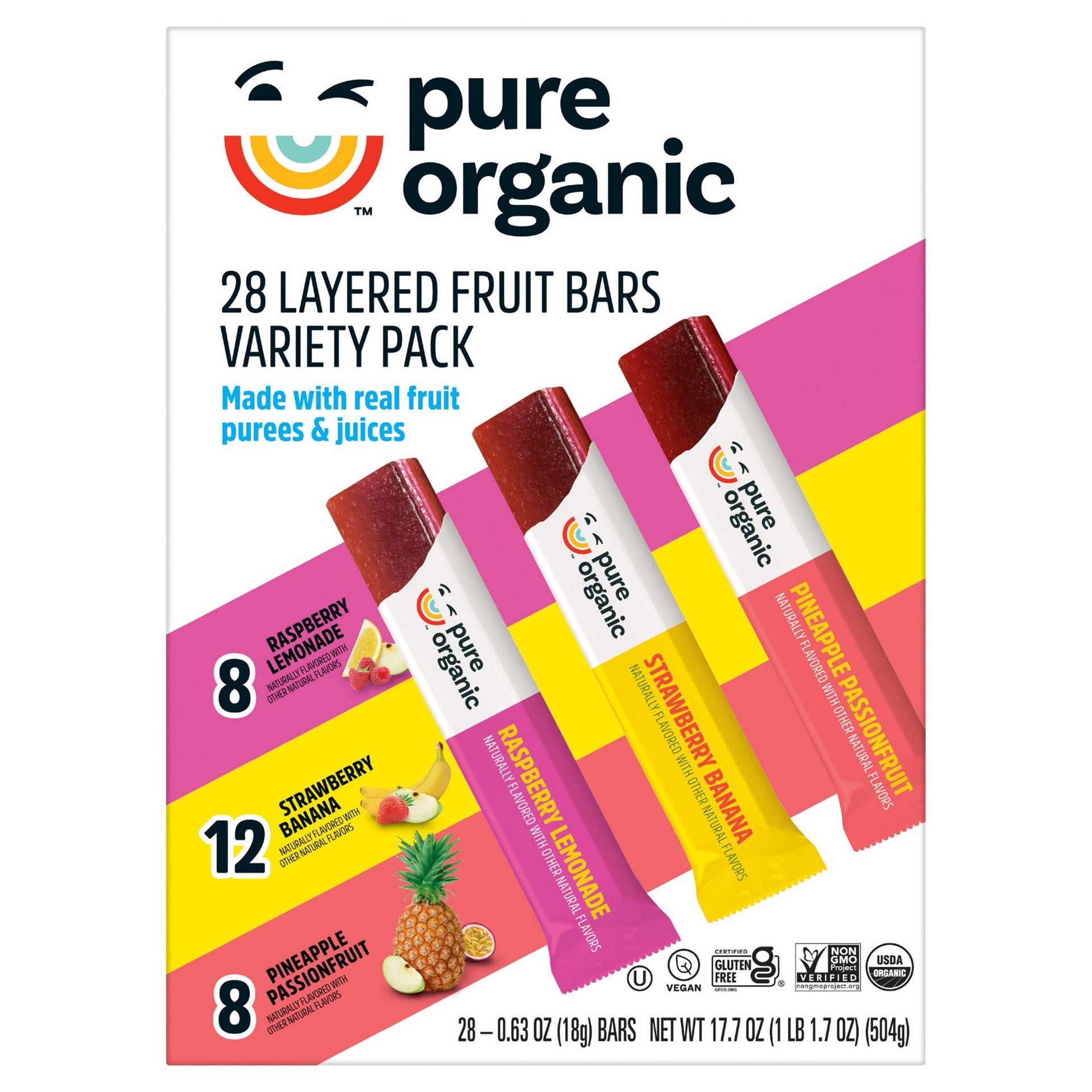 slide 1 of 1, Pure Organic Layered Fruit Bars, Variety Pack, 0.63 oz, 28 count, 