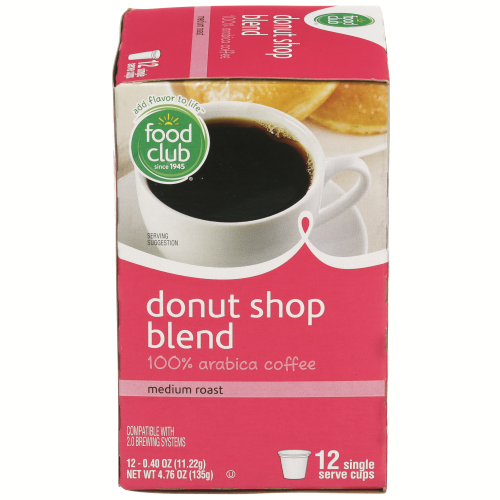 slide 1 of 1, Food Club Medium Roast Donut Shop Blend 100% Arabica Coffee Single Serve Cups 12-0.40 Oz, 12 ct