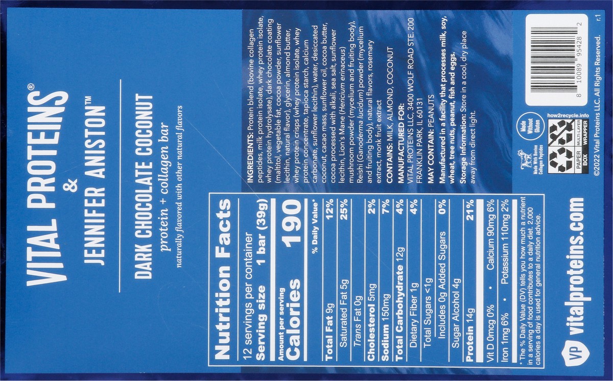 slide 6 of 15, Vital Proteins & Jennifer Aniston Dark Chocolate Coconut Protein + Collagen Bar 12 - 1.38 oz Bars, 12 ct