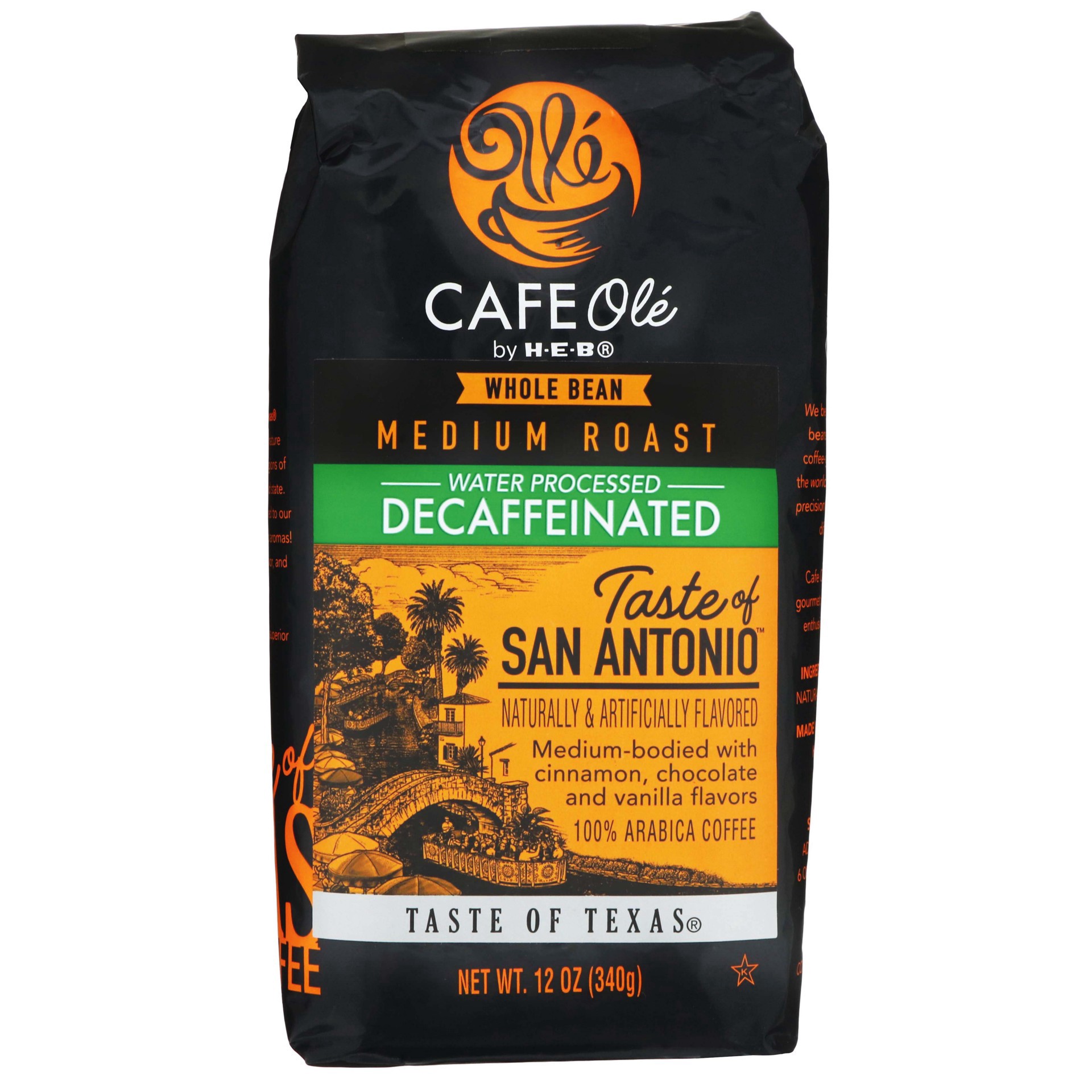 slide 1 of 1, H-E-B Cafe Ole Whole Bean Taste of San Antonio Decaf Medium Roast Coffee - 12 oz, 12 oz
