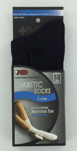 slide 1 of 1, +MD Socks Diabetic Seamless Toe Crew Unisex Large Black - Each, 1 ct