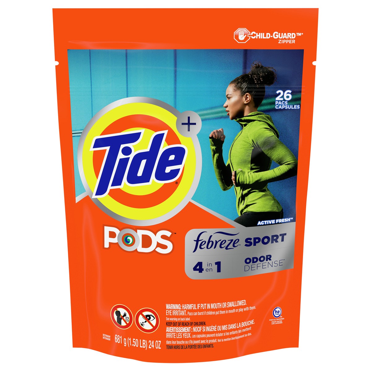 slide 2 of 8, Tide + Pods Pacs Active Fresh 4 in 1 Odor Defense Febreze Sport Detergent 26 ea, 26 ct