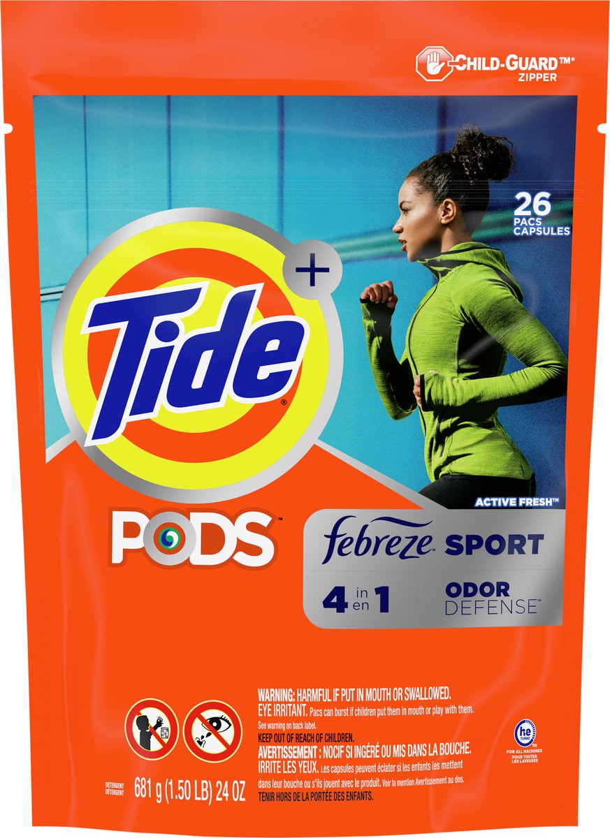 slide 3 of 8, Tide + Pods Pacs Active Fresh 4 in 1 Odor Defense Febreze Sport Detergent 26 ea, 26 ct