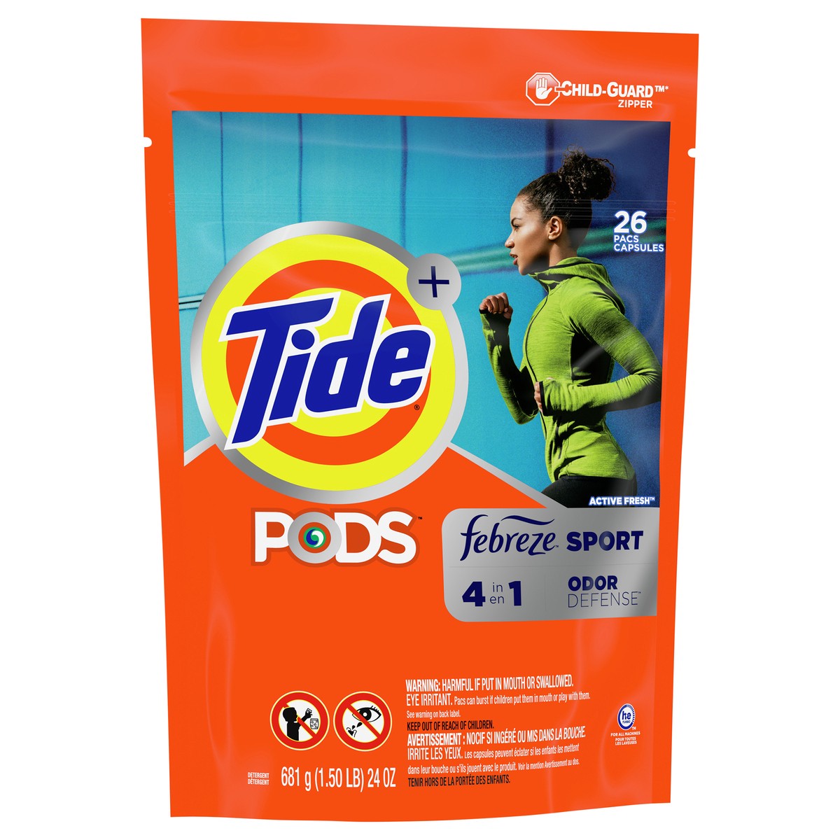 slide 4 of 8, Tide + Pods Pacs Active Fresh 4 in 1 Odor Defense Febreze Sport Detergent 26 ea, 26 ct