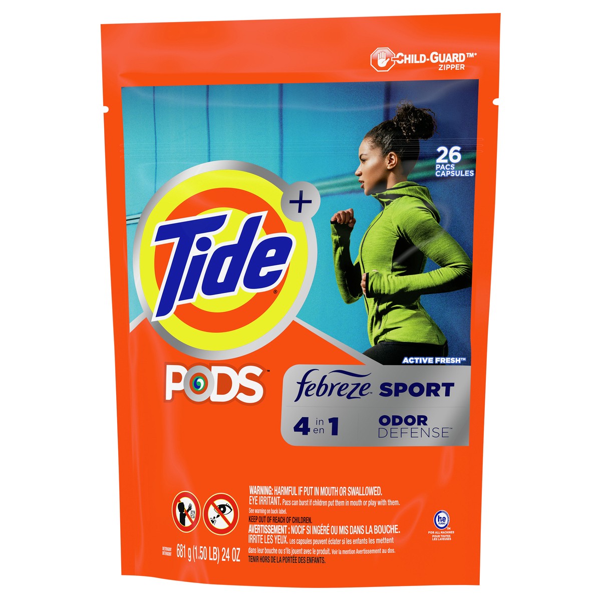 slide 5 of 8, Tide + Pods Pacs Active Fresh 4 in 1 Odor Defense Febreze Sport Detergent 26 ea, 26 ct