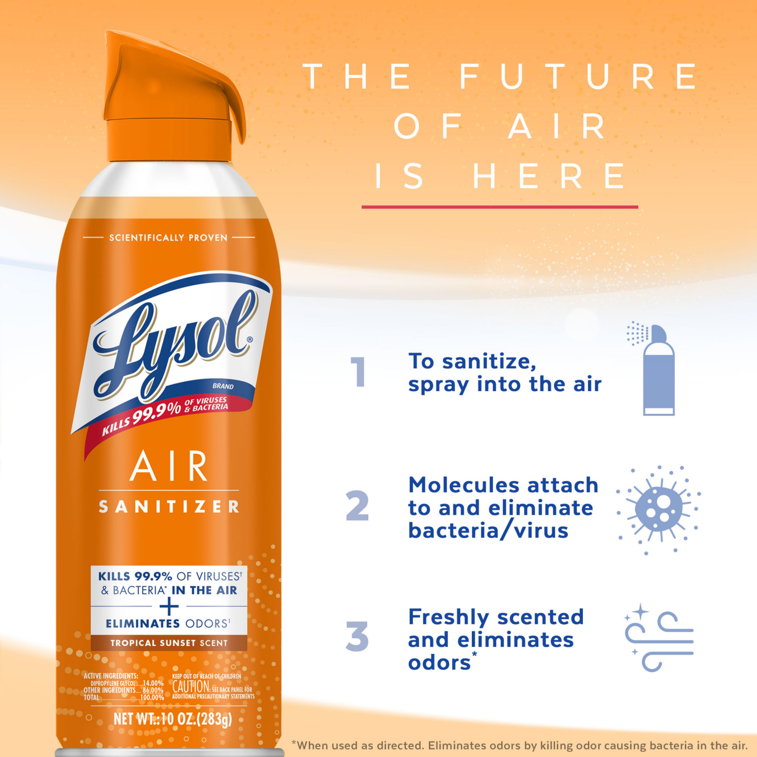 slide 4 of 4, Lysol Air Sanitizing Spray, Odor Eliminating Air Freshener, Tropical Sunset, 10 oz, 10 oz