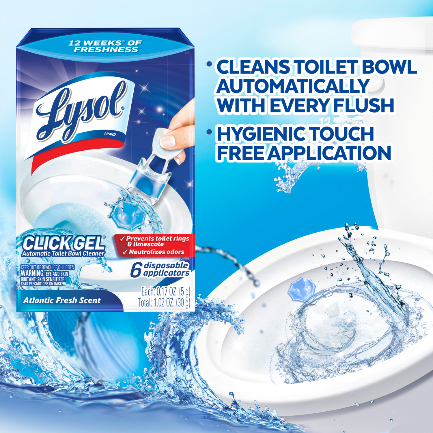 slide 3 of 4, Lysol Click Gel Atlantic Fresh Scent Automatic Toilet Bowl Cleaner 6 - 0.17 oz Applicators, 6 ct