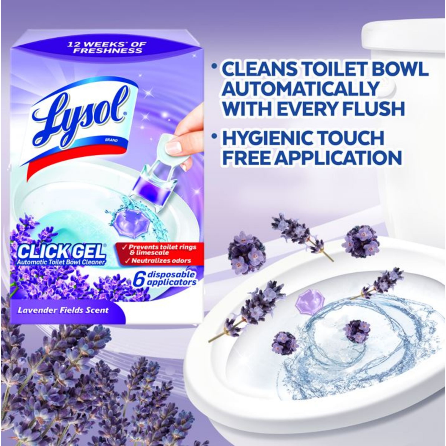 slide 2 of 4, Lysol Click Gel Lavender Fields Scent Automatic Toilet Bowl Cleaner 6 - 0.17 oz Each, 6 ct