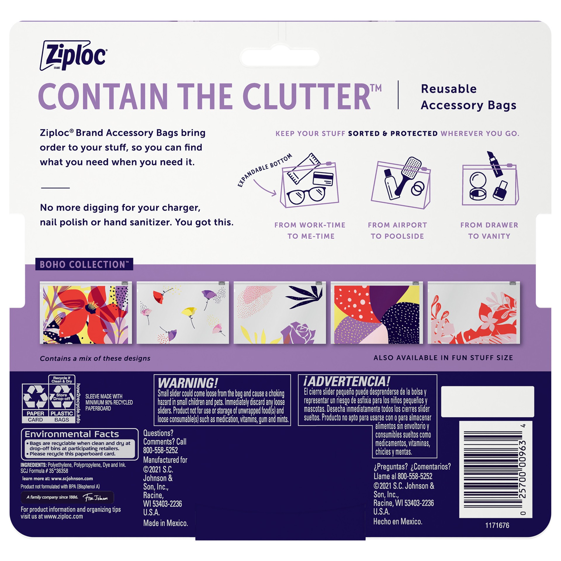 slide 3 of 5, Ziploc Brand Boho Collection™ Essential Stuff Accessory Bags, Reusable, 5 Bags, 5 ct