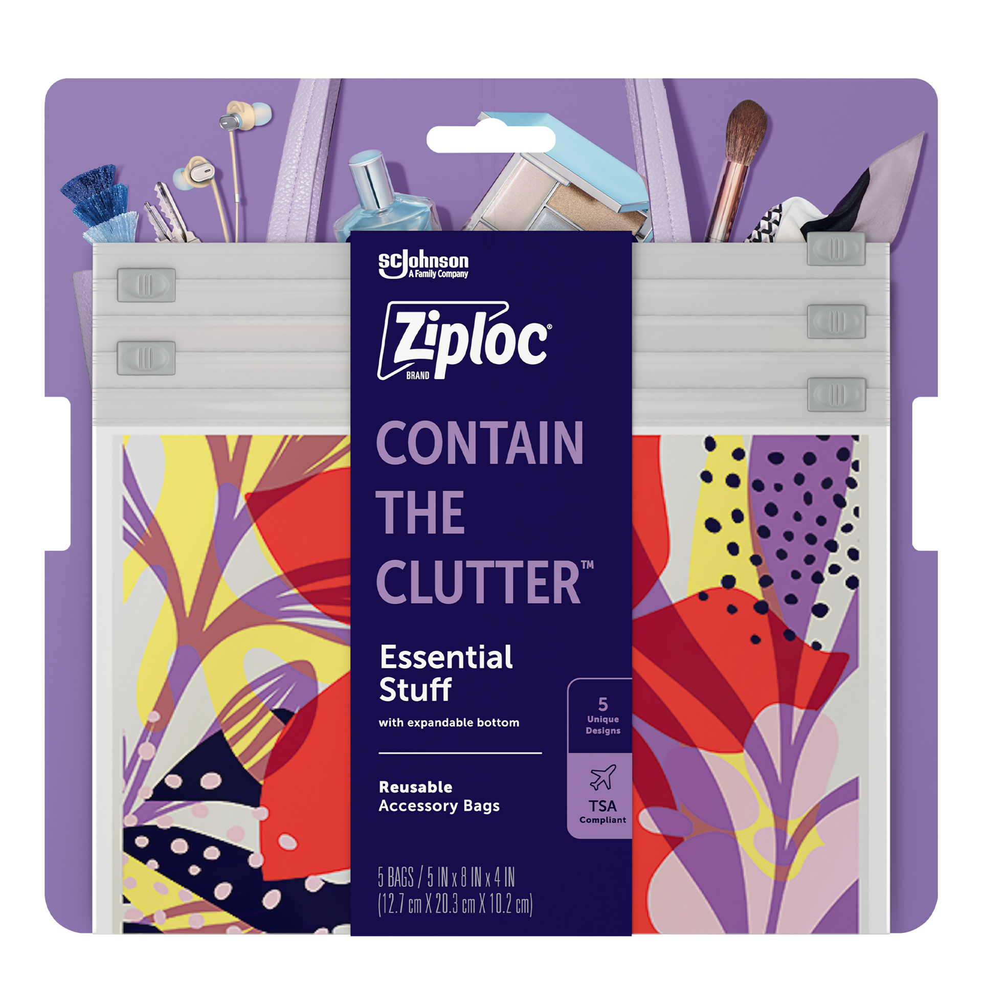 slide 5 of 5, Ziploc Brand Boho Collection™ Essential Stuff Accessory Bags, Reusable, 5 Bags, 5 ct