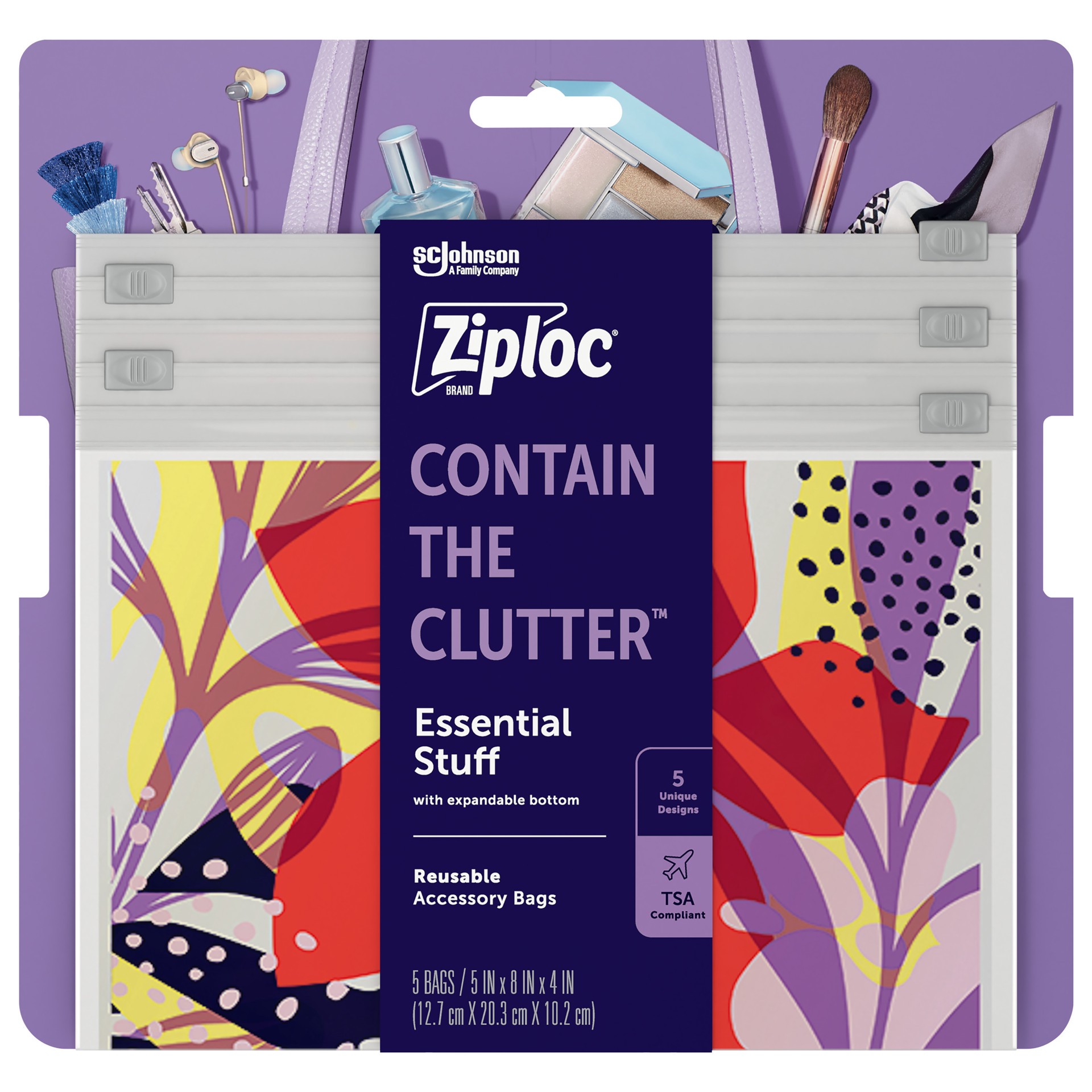 slide 1 of 5, Ziploc Brand Boho Collection™ Essential Stuff Accessory Bags, Reusable, 5 Bags, 5 ct