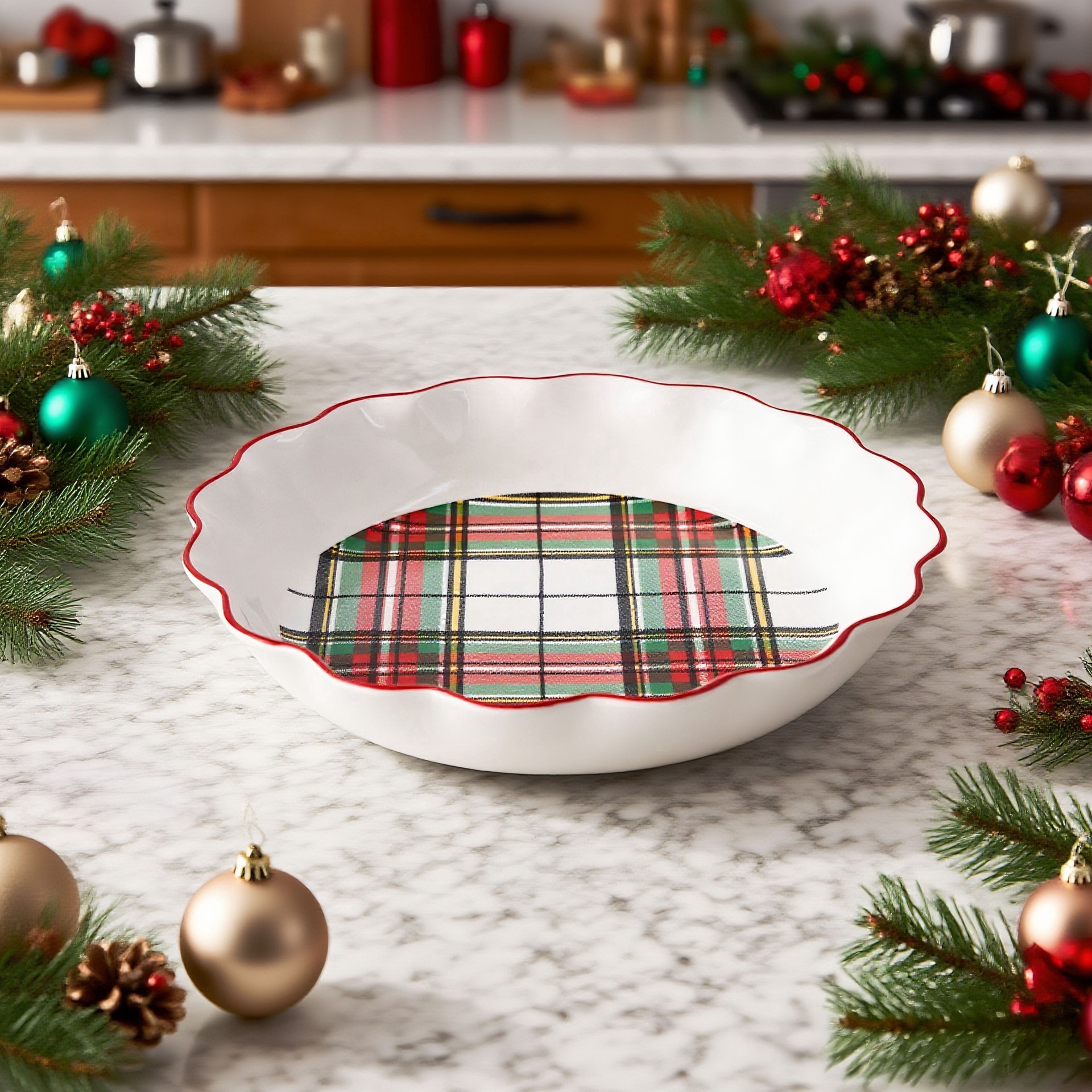 slide 4 of 4, 10" Green & Red Plaid Ceramic Pie Dish By Ashland, 10 in