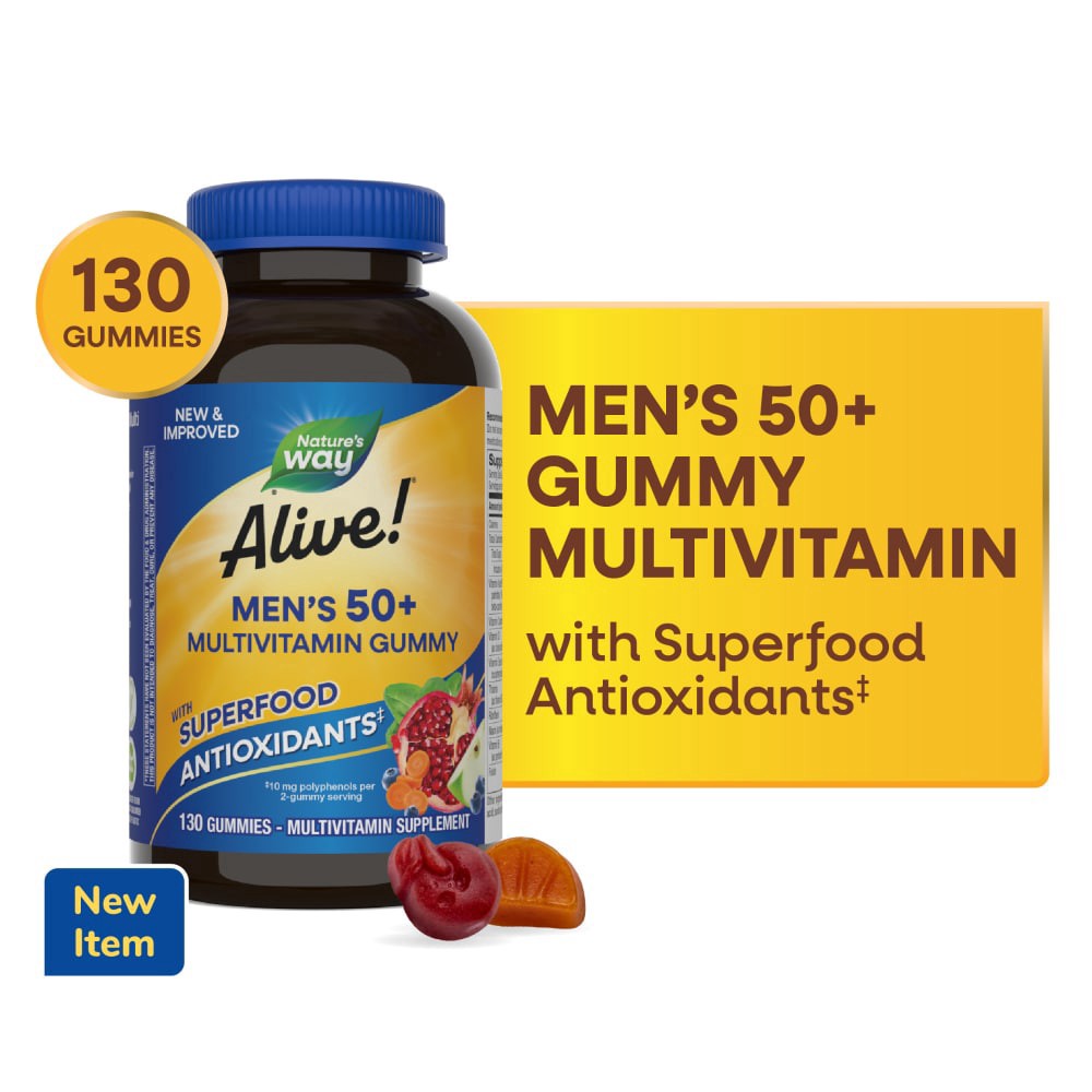 slide 4 of 5, Nature's Way Alive! Men's 50+ Multivitamin Superfood Antioxidants B Vitamins Fruit Flavored Gummies, 130 ct