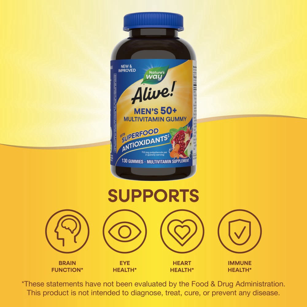 slide 2 of 5, Nature's Way Alive! Men's 50+ Multivitamin Superfood Antioxidants B Vitamins Fruit Flavored Gummies, 130 ct