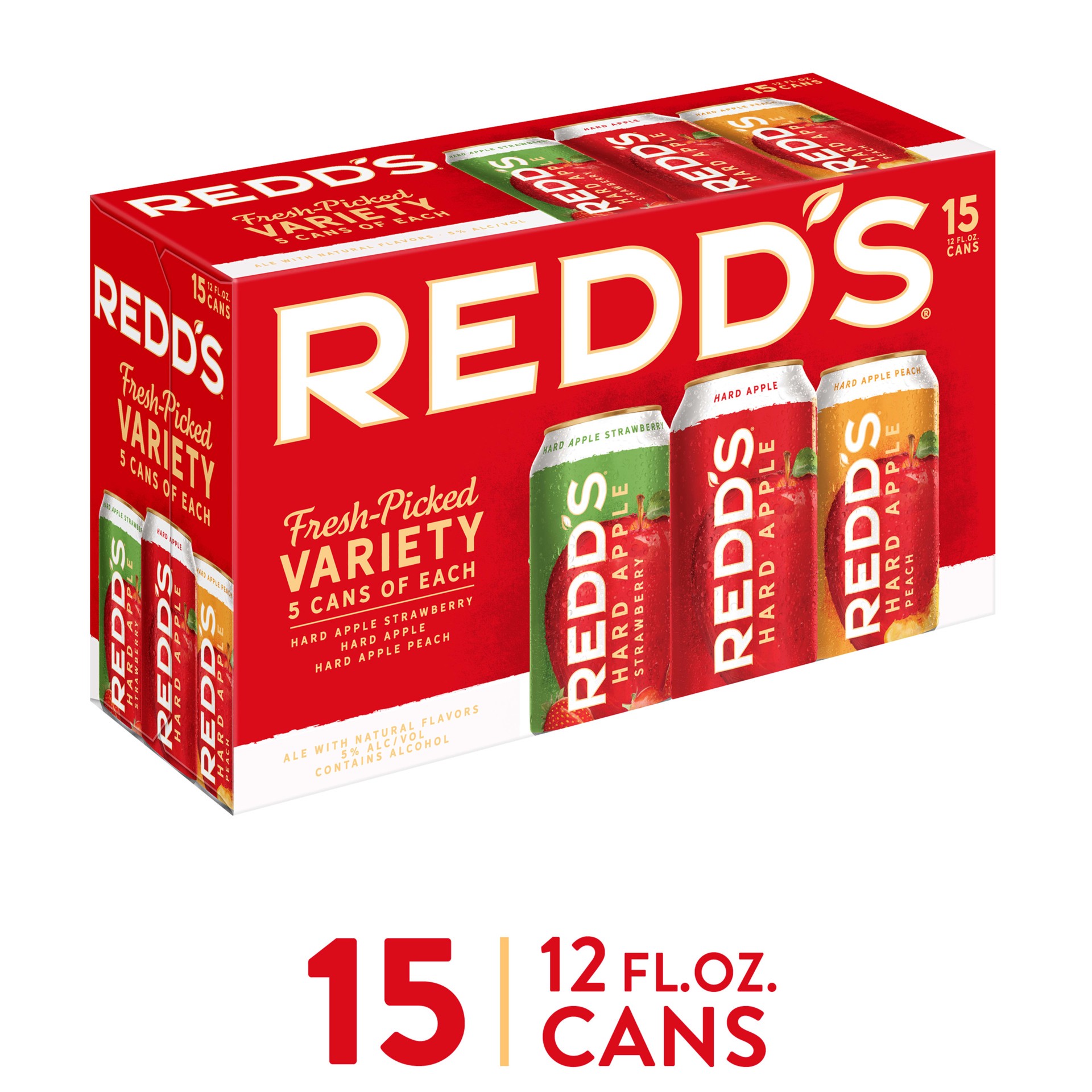 slide 1 of 3, Redd's Variety Pack Redd's Hard Apple Variety Pack Ale Beer, 15 Pack, 12 fl. oz. Cans, 5% ABV, 12 fl oz