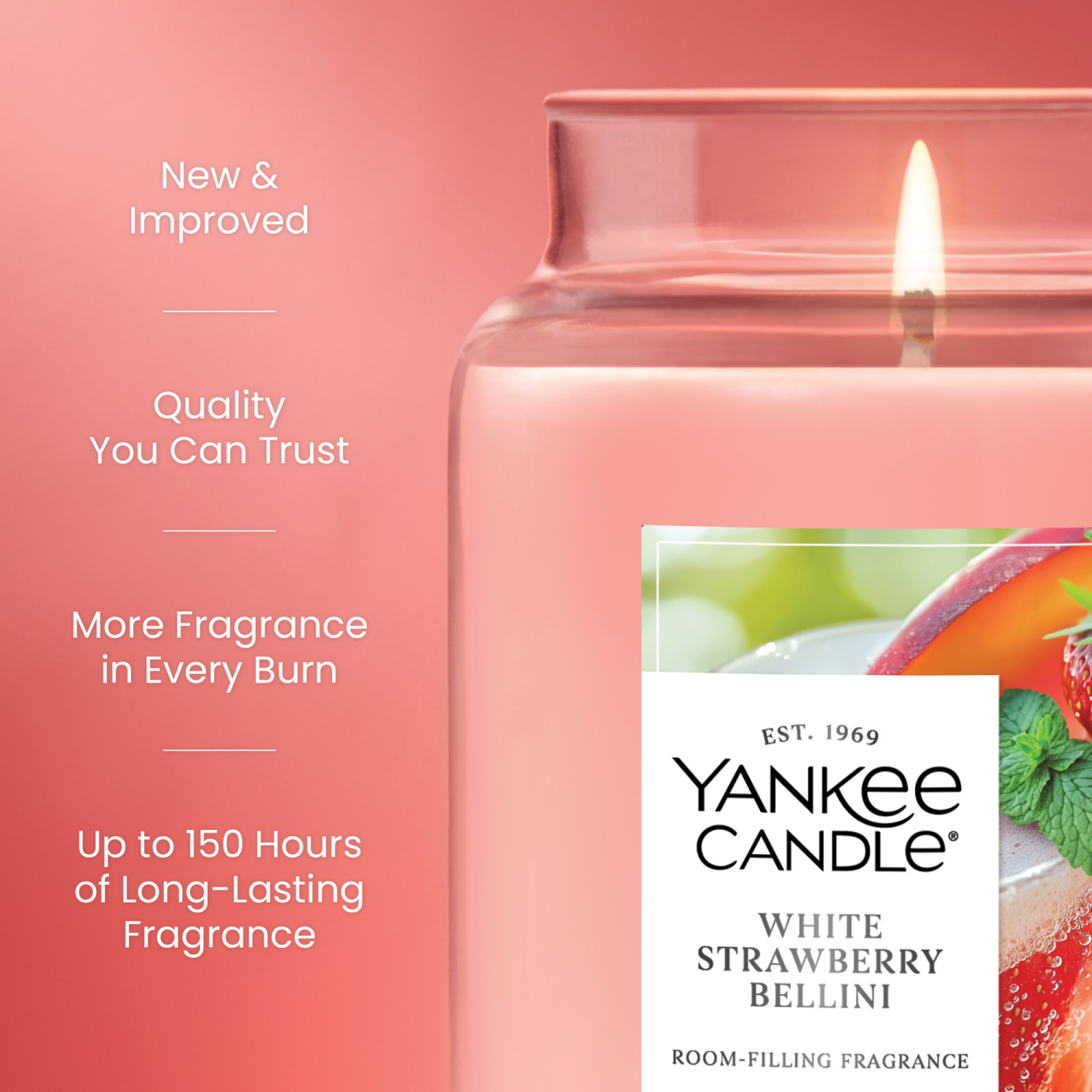 slide 5 of 5, Yankee Candle White Strawberry Bellini Scented Candle, 22oz Large Jar with up to 150 Hour Burn Time, Great for gifting, 1 ct