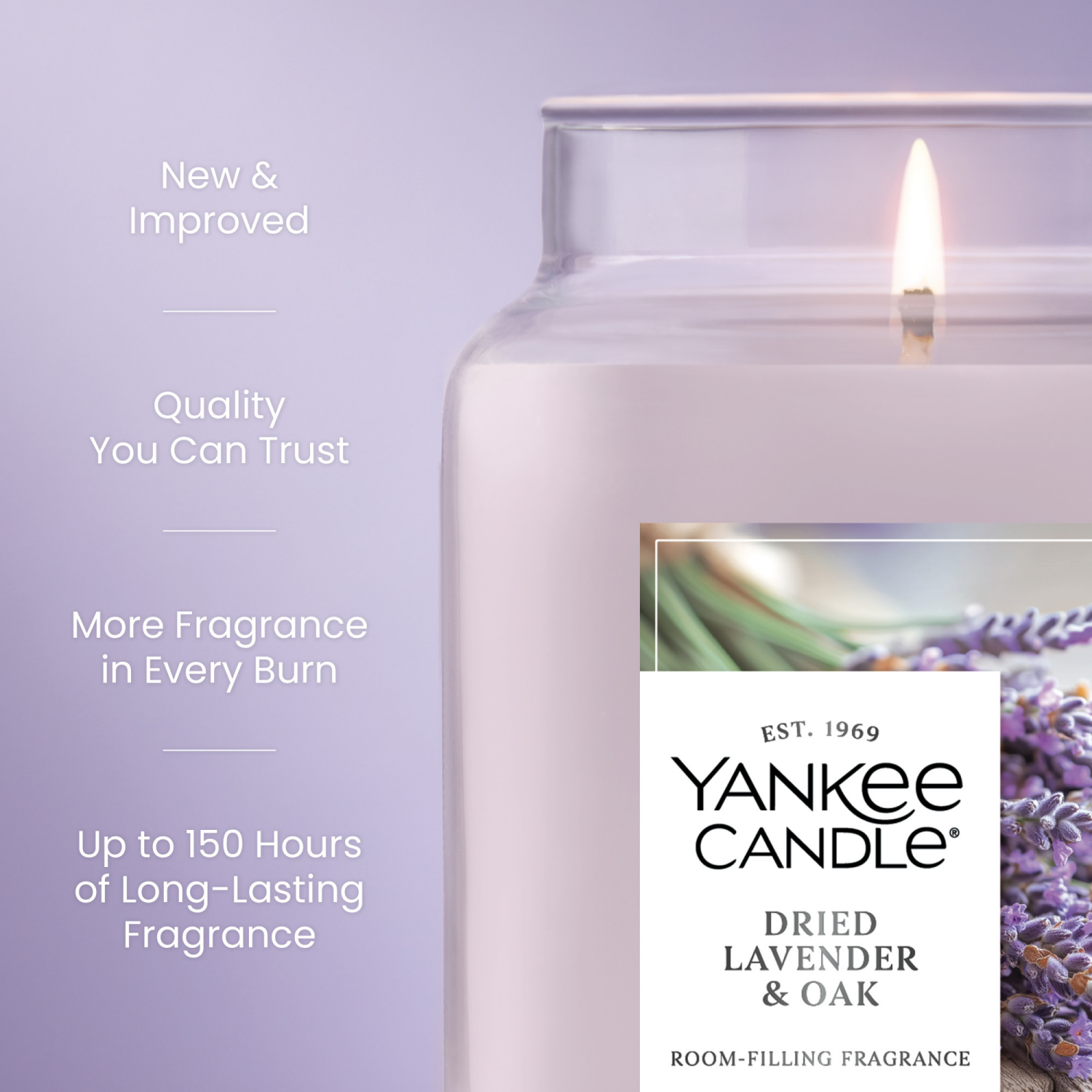 slide 5 of 5, Yankee Candle Large Jar Scented Candle with up to 150 Hour Burn Time, Premium Plant Wax Blend for Consistent Burn, 22 oz Jar Candle with Room Filling Fragrance, Dried Lavender & Oak, 22 oz