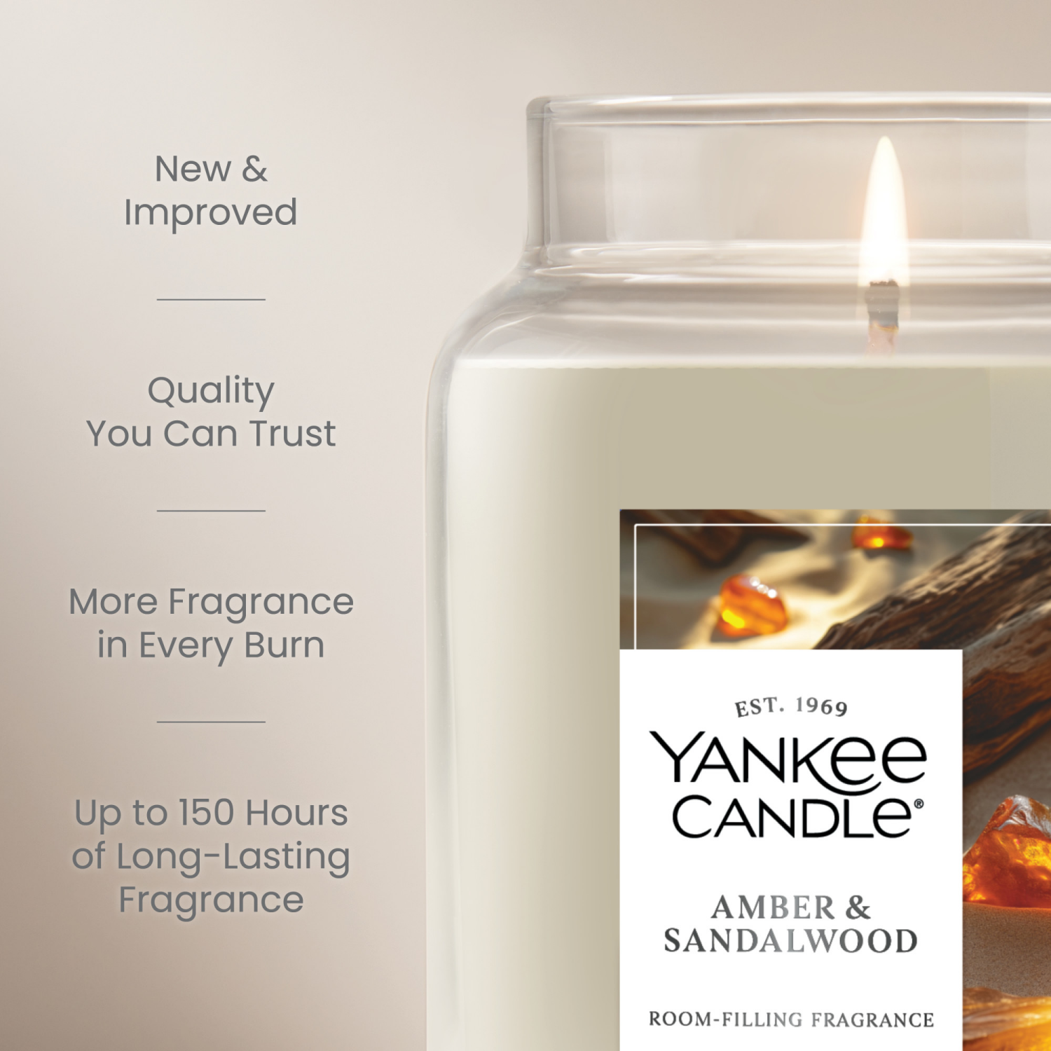 slide 5 of 5, Yankee Candle Large Jar Scented Candle with up to 150 Hour Burn Time, Premium Plant Wax Blend for Consistent Burn, 22 oz Jar Candle with Room Filling Fragrance, Amber & Sandalwood, 22 oz