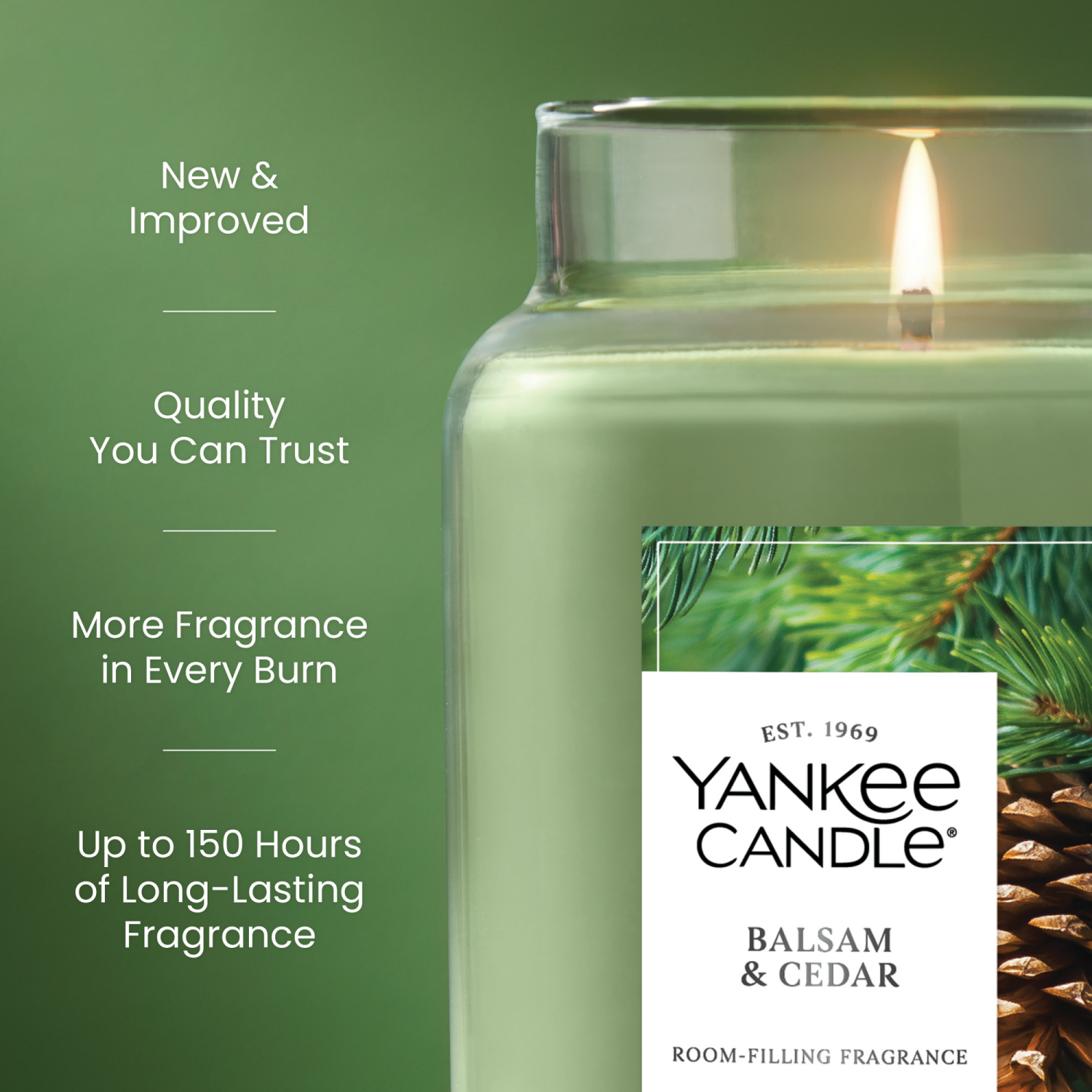 slide 5 of 5, Yankee Candle Large Jar Scented Candle with up to 150 Hour Burn Time, Premium Plant Wax Blend for Consistent Burn, 22 oz Jar Candle with Room Filling Fragrance, Balsam & Cedar, 22 oz
