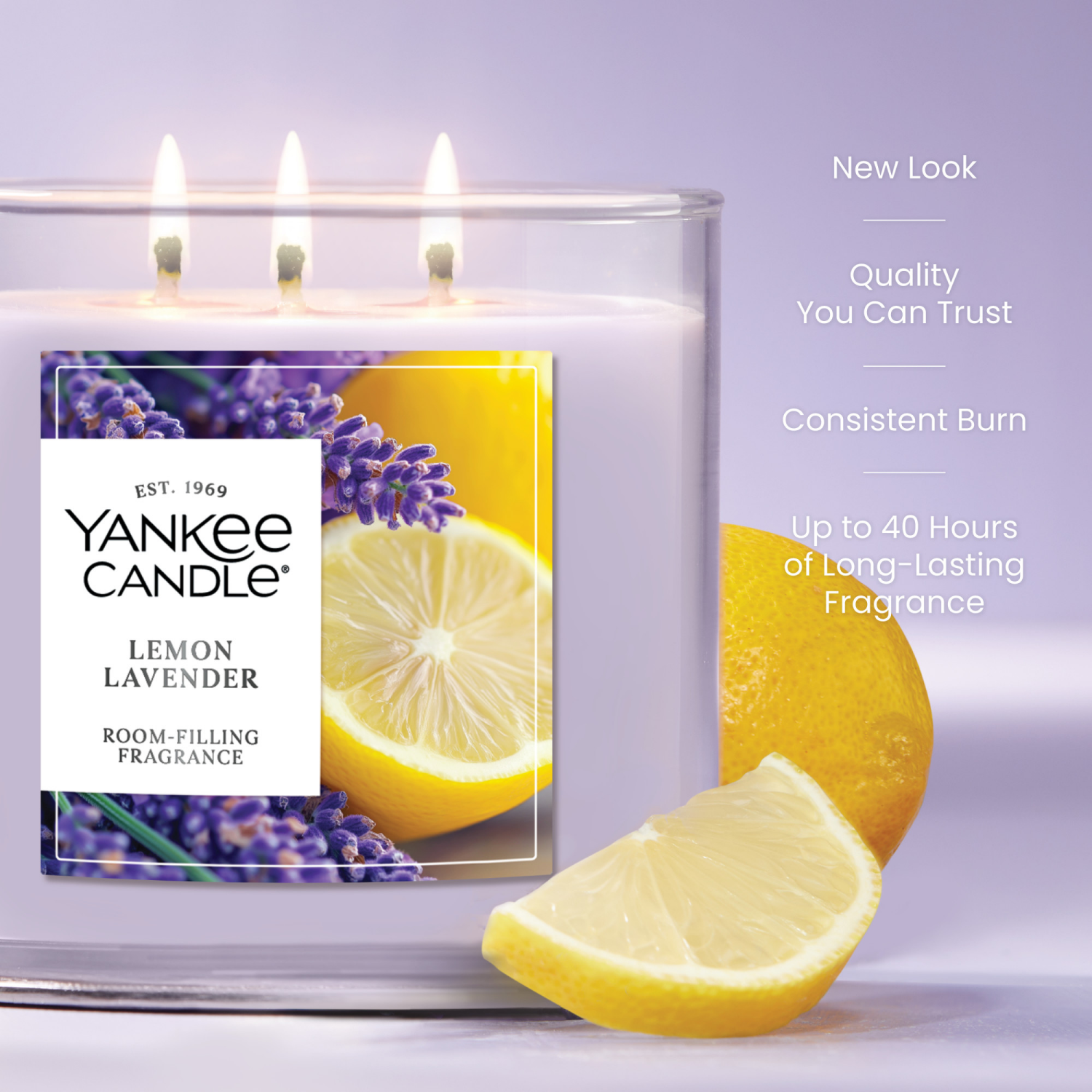slide 5 of 5, Yankee Candle 3 Wick Candle Jar, Scented Candle with up to 40 Hours of Burn Time, Premium Plant Wax Blend for Consistent Long Lasting Scent from First to Last Burn, Lemon Lavender, 1 ct