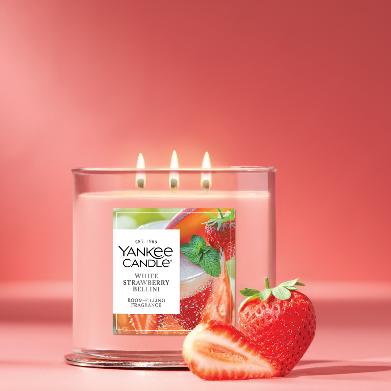 slide 2 of 5, Yankee Candle 3 Wick Candle Jar, Scented Candle with up to 40 Hours of Burn Time, Premium Plant Wax Blend for Consistent Long Lasting Scent from First to Last Burn, White Strawberry Bellini, 1 ct
