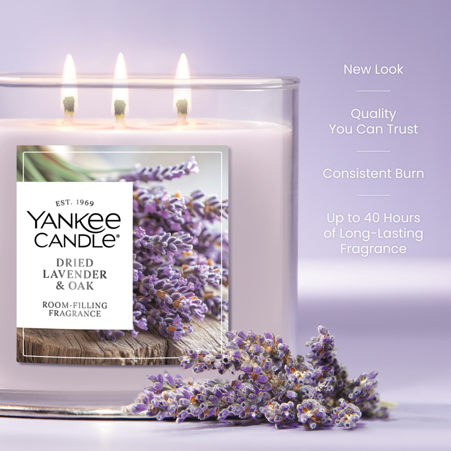 slide 5 of 5, Yankee Candle 3 Wick Candle Jar, Scented Candle with up to 40 Hours of Burn Time, Premium Plant Wax Blend for Consistent Long Lasting Scent from First to Last Burn, Dried Lavender & Oak, 1 ct