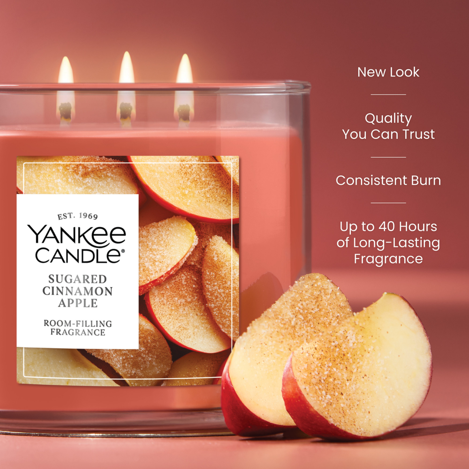 slide 5 of 5, Yankee Candle 3 Wick Candle Jar, Scented Candle with up to 40 Hours of Burn Time, Premium Plant Wax Blend for Consistent Long Lasting Scent from First to Last Burn, Sugared Cinnamon Apple, 1 ct