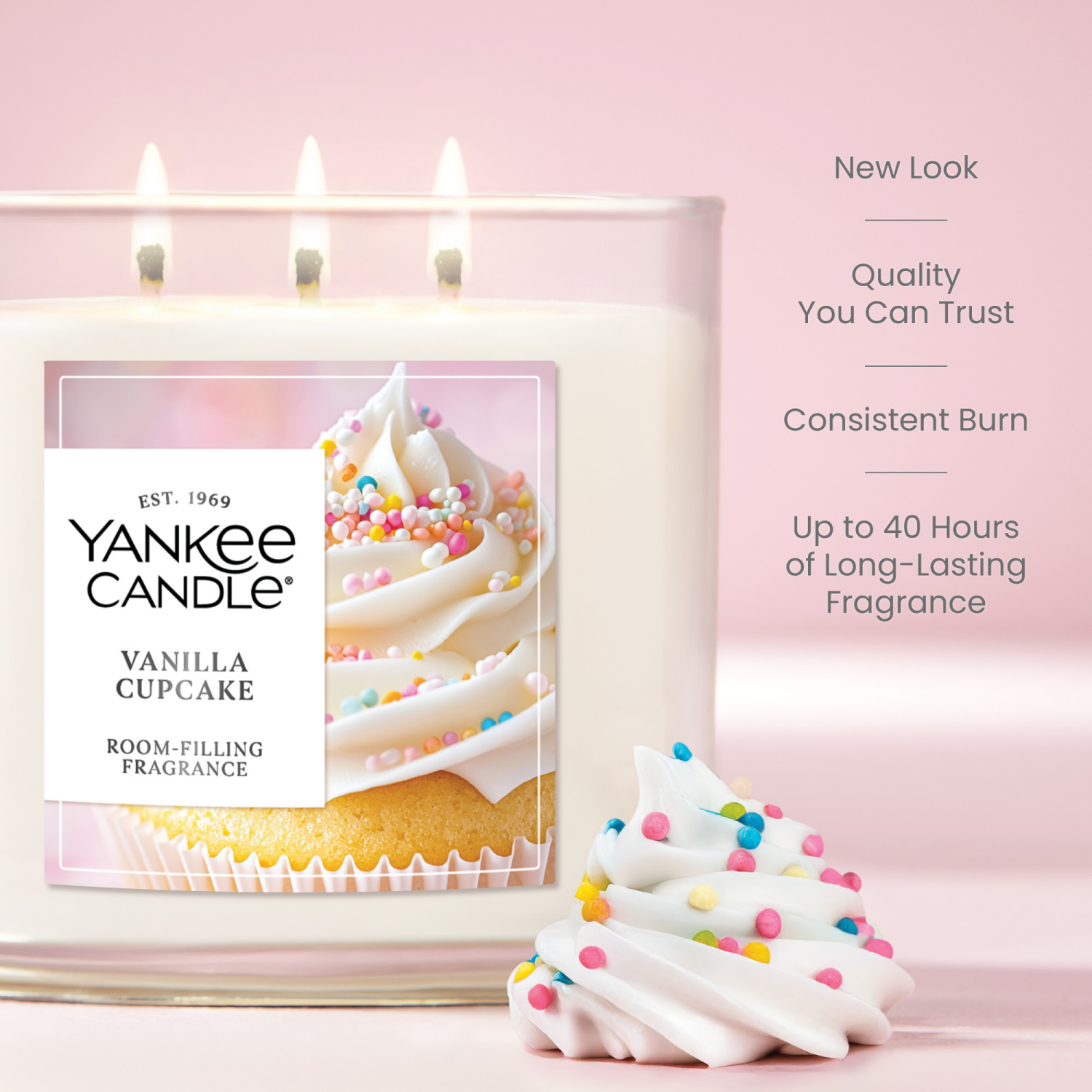 slide 5 of 5, Yankee Candle 3 Wick Candle Jar, Scented Candle with up to 40 Hours of Burn Time, Premium Plant Wax Blend for Consistent Long Lasting Scent from First to Last Burn, Vanilla Cupcake, 1 ct