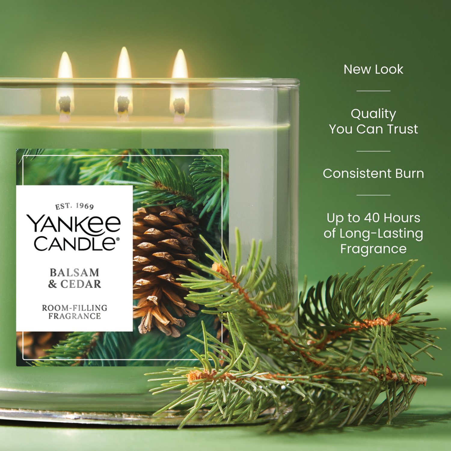 slide 5 of 5, Yankee Candle 3 Wick Candle Jar, Scented Candle with up to 40 Hours of Burn Time, Premium Plant Wax Blend for Consistent Long Lasting Scent from First to Last Burn, Balsam & Cedar, 1 ct