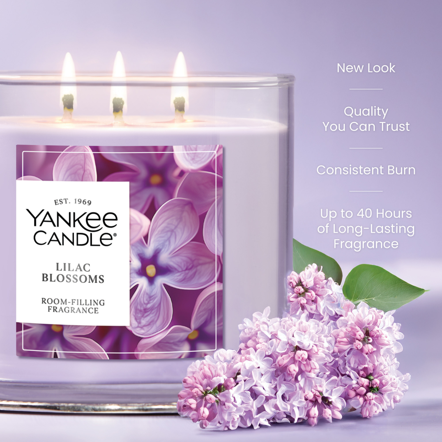 slide 5 of 5, Yankee Candle 3 Wick Candle Jar, Scented Candle with up to 40 Hours of Burn Time, Premium Plant Wax Blend for Consistent Long Lasting Scent from First to Last Burn, Lilac Blossoms, 1 ct