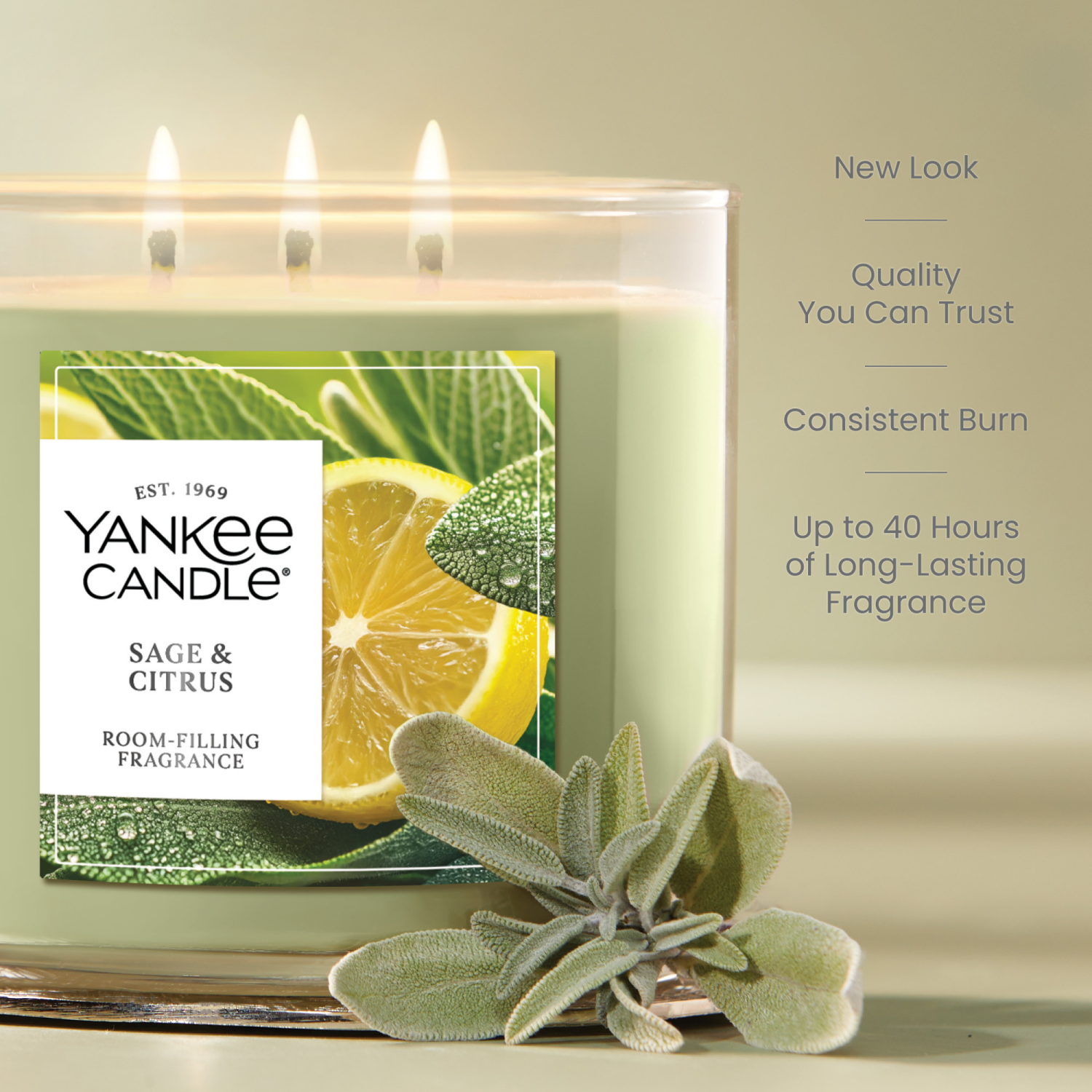 slide 5 of 5, Yankee Candle 3 Wick Candle Jar, Scented Candle with up to 40 Hours of Burn Time, Premium Plant Wax Blend for Consistent Long Lasting Scent from First to Last Burn, Sage & Citrus, 1 ct