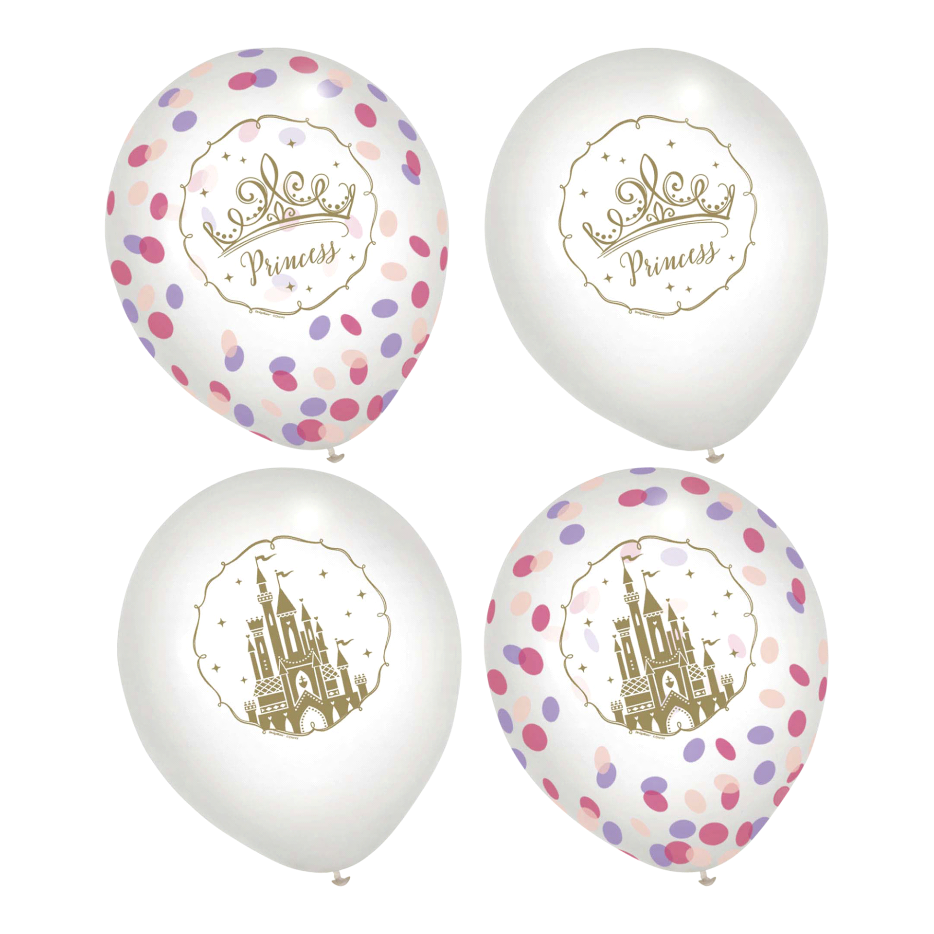 slide 1 of 1, These balloons feature either an gold princess tiara or elegant castle. Once balloons are inflated you can shake and see the pink and purple confetti inside. A great party decoration., 1 ct