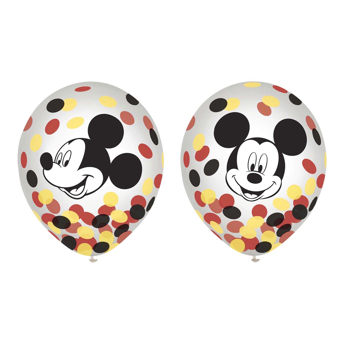 slide 1 of 1, These clear latex balloons feature Mickey's face and three are filled with black, red and yellow confetti., 6 ct