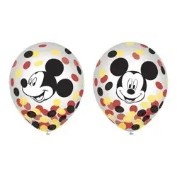 These clear latex balloons feature Mickey's face and three are filled with black, red and yellow confetti.