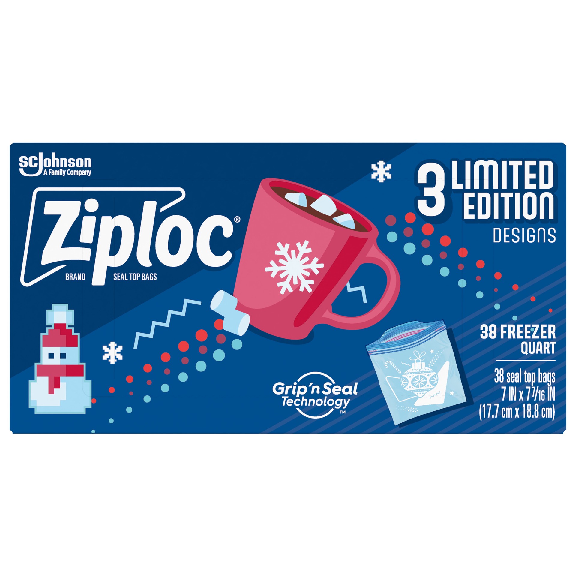 slide 1 of 4, Ziploc Brand Freezer Bags Holiday, Quart, 38 Count, 38 ct