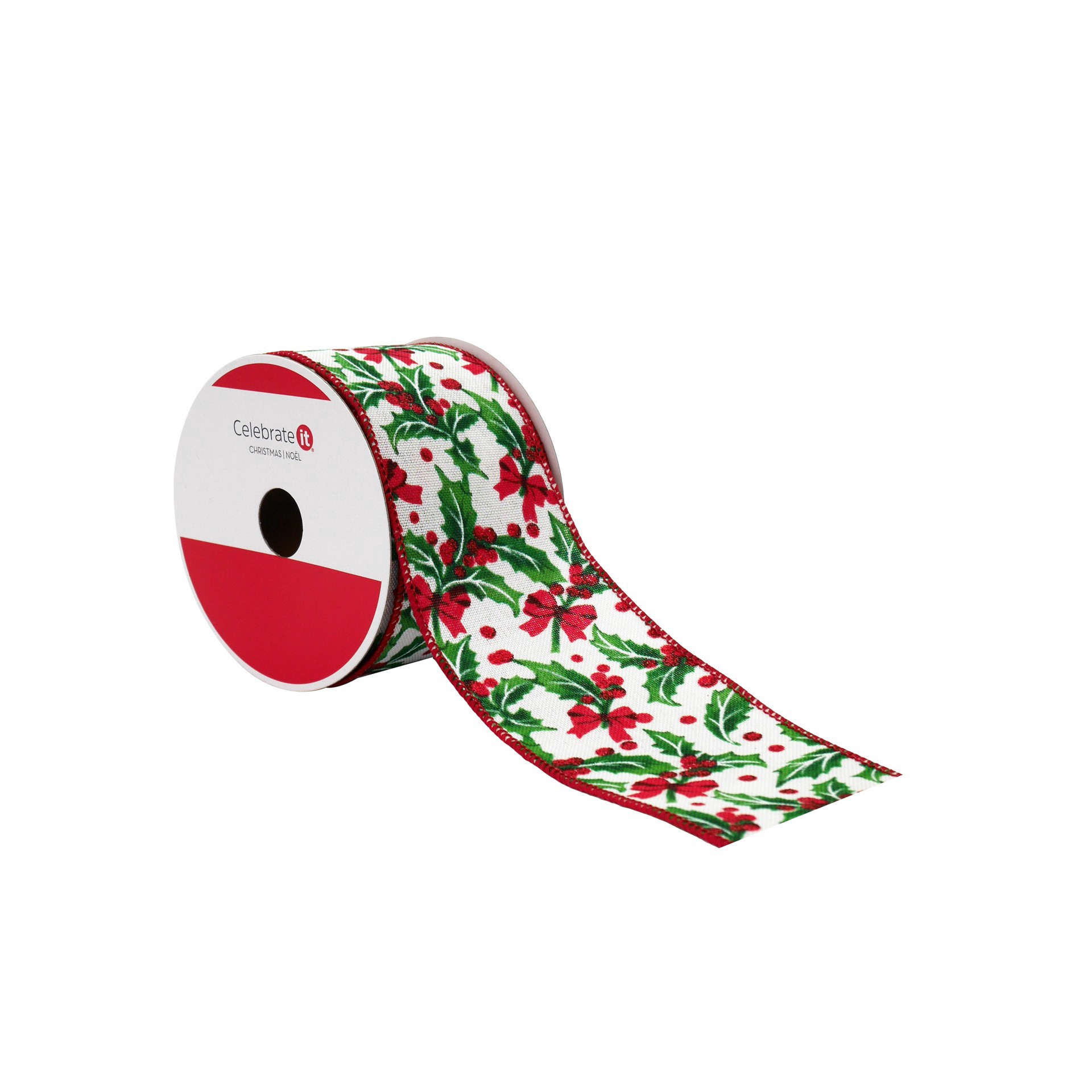 slide 3 of 3, 2.5" X 20ft. Holly & Bows Wired Ribbon By Celebrate It, 2.5 in x 20 ft