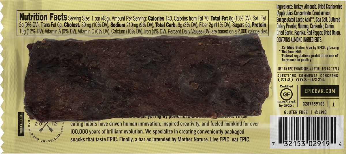 slide 3 of 6, Epic Gluten Free Almond & Cranberry Turkey Bar 1.5 oz, 1.5 oz