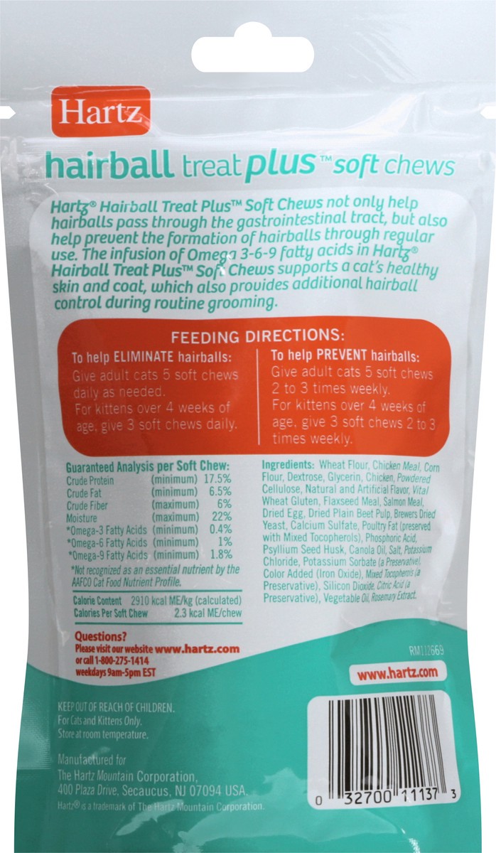 slide 10 of 13, Hartz Hair Balls Treat Plus Soft Chews Real Chicken Flavor Chews for Cats + Kittens 3 oz, 3 oz