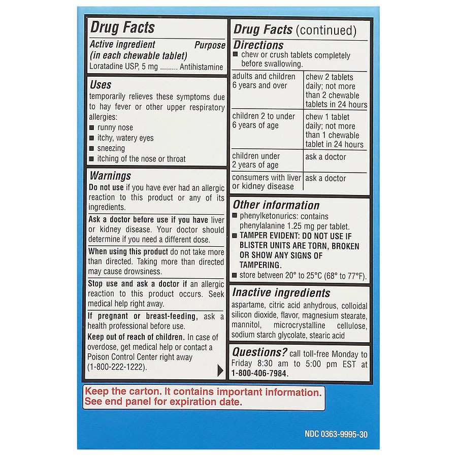 slide 2 of 3, Walgreens Children's Allergy Relief Loratadine Dye-Free Chewable Tablets Bubble Gum, 30 ct