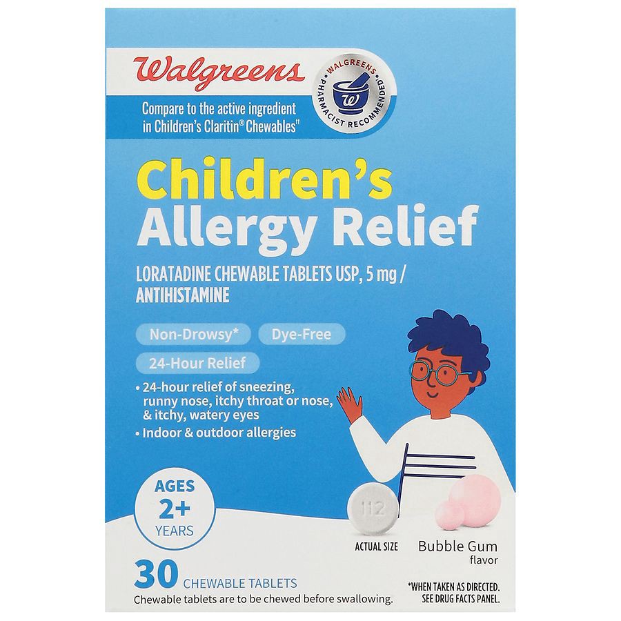 slide 1 of 3, Walgreens Children's Allergy Relief Loratadine Dye-Free Chewable Tablets Bubble Gum, 30 ct