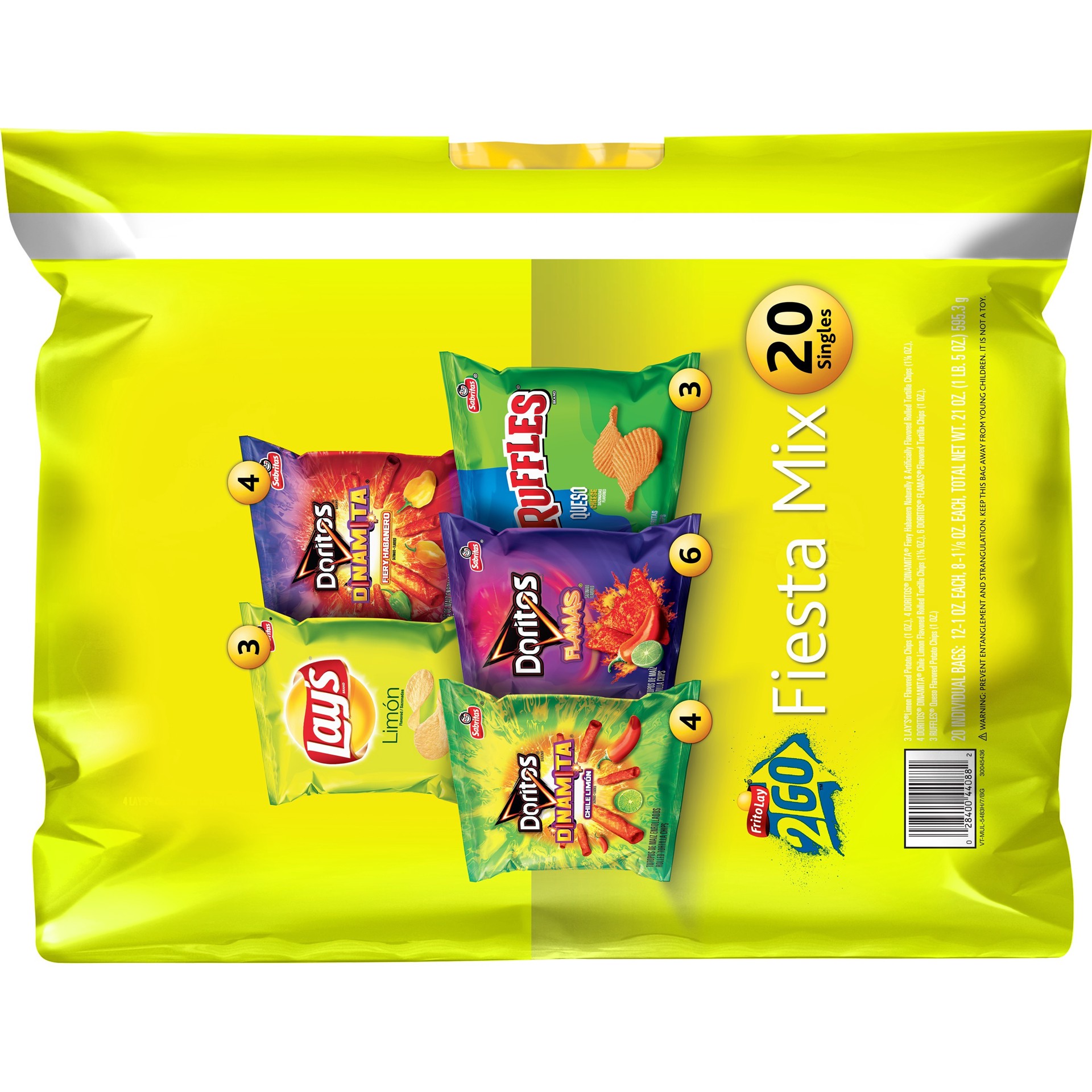 slide 2 of 2, Frito-Lay Lay's Doritos Ruffles Fiesta Mix 20 Singles (12 - 1 Ounce, 8 - 1.125 Ounce) 21 Ounce Plastic Bags, 21 oz