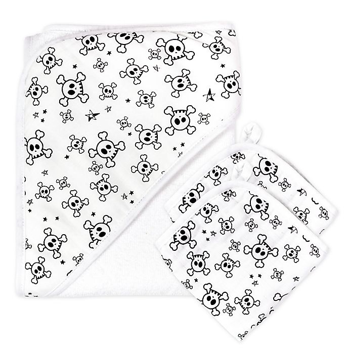 slide 1 of 4, The Honest Company Tossed Skulls Hooded Towel and Washcloth Set, 3 ct