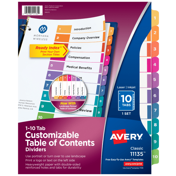 slide 1 of 9, Avery Ready Index 20% Recycled Table Of Contents Dividers, 1-10 Tab - Multicolor, 1 ct