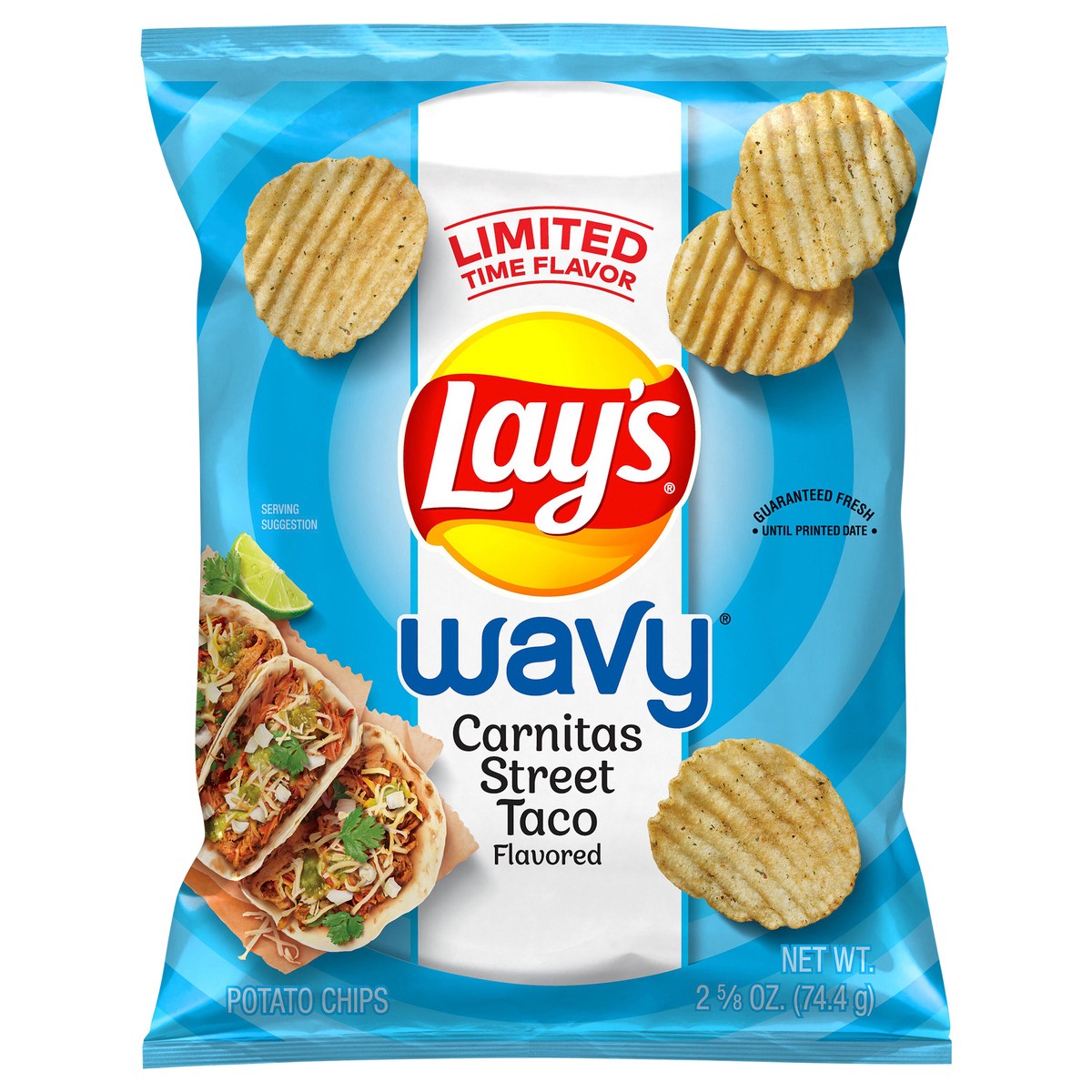 slide 1 of 7, Lay's Wavy Potato Chips Carnitas Street Taco Flavored 2 5/8 Oz, 2.62 oz