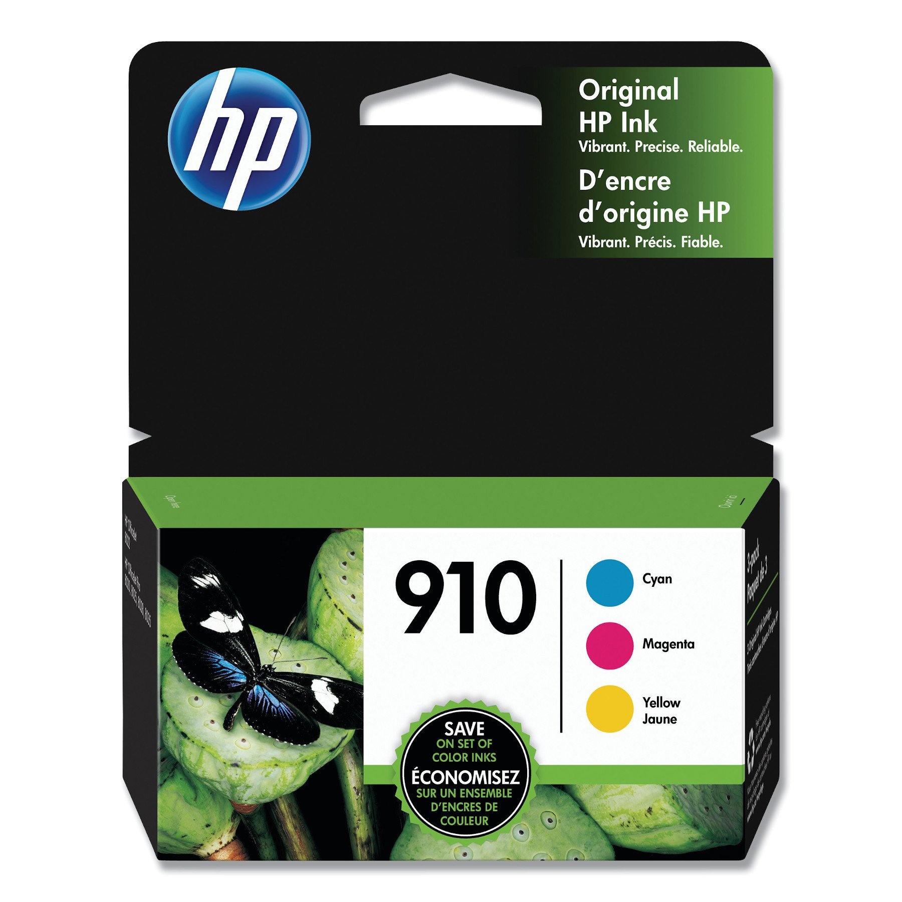 slide 1 of 1, HP Ink Cartridges, Original, Cyan/Magenta/Yellow Jaune 910, 3-Pack, 3 ct