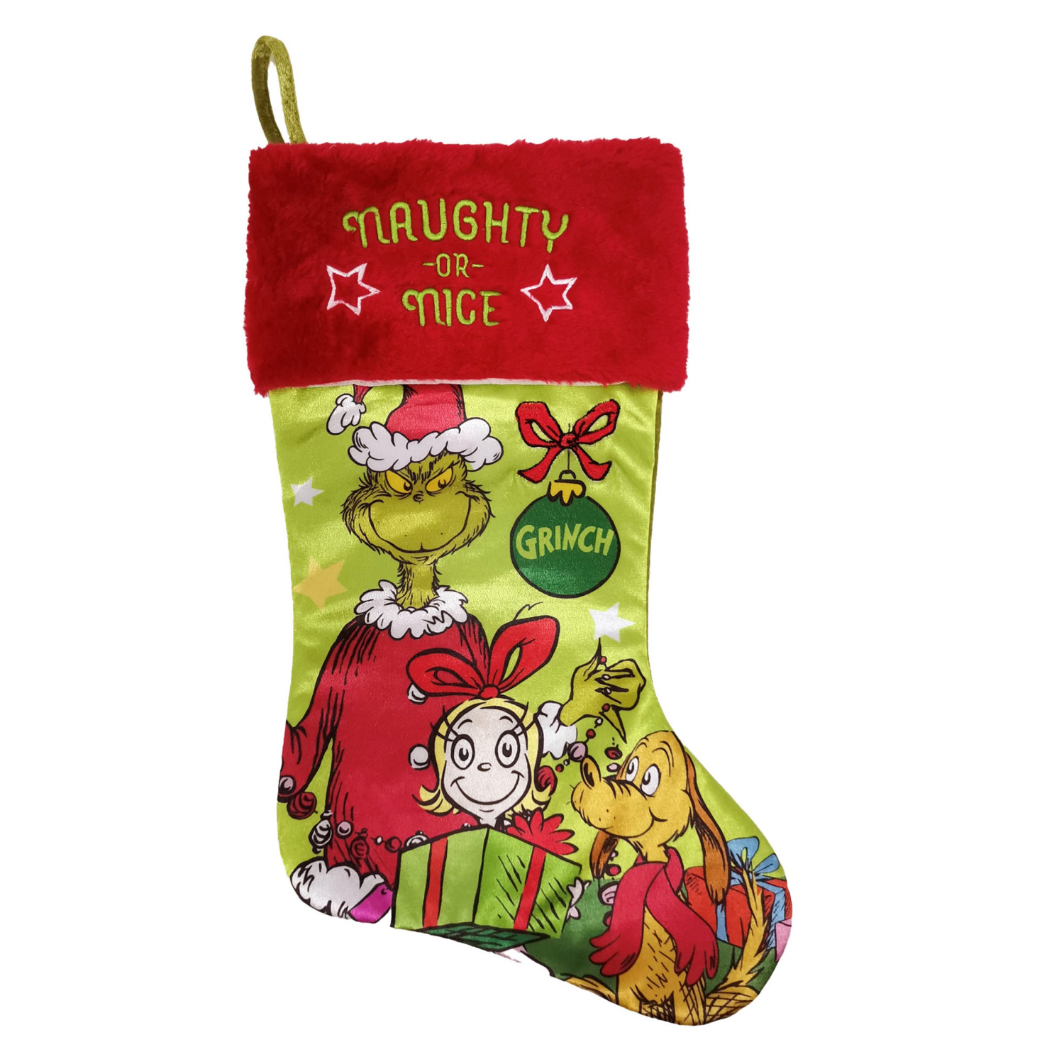 slide 3 of 3, Rudolph Grinch 20" Satin Stocking 2 Ast, 20 in
